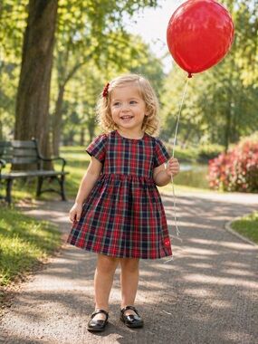 Smiling Button Girls Red & Green Plaid Short Sleeve Cotton Dress, Size 3T